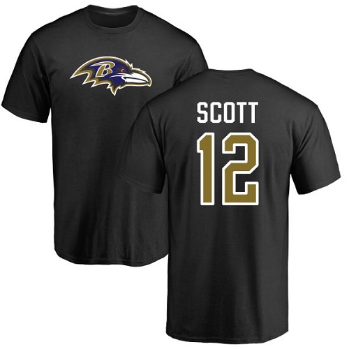 Men Baltimore Ravens Black Jaleel Scott Name and Number Logo NFL Football #12 T Shirt